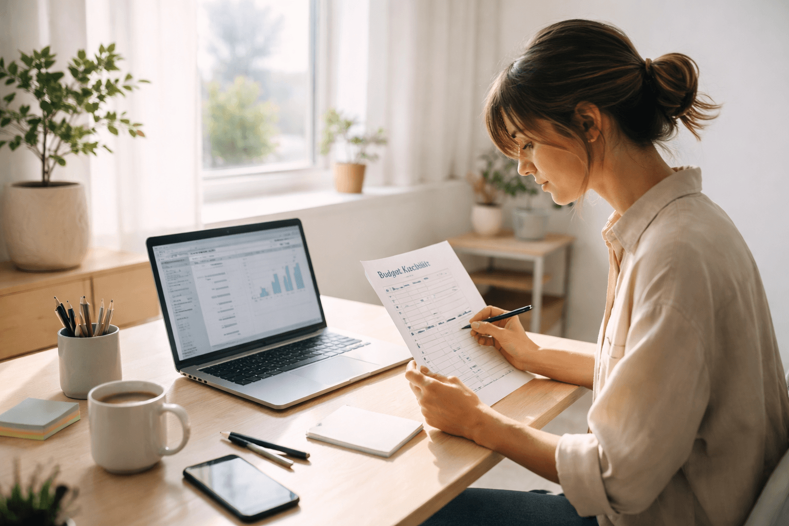 A freelancer at a home desk reviewing a printed budget worksheet with a coffee, morning light