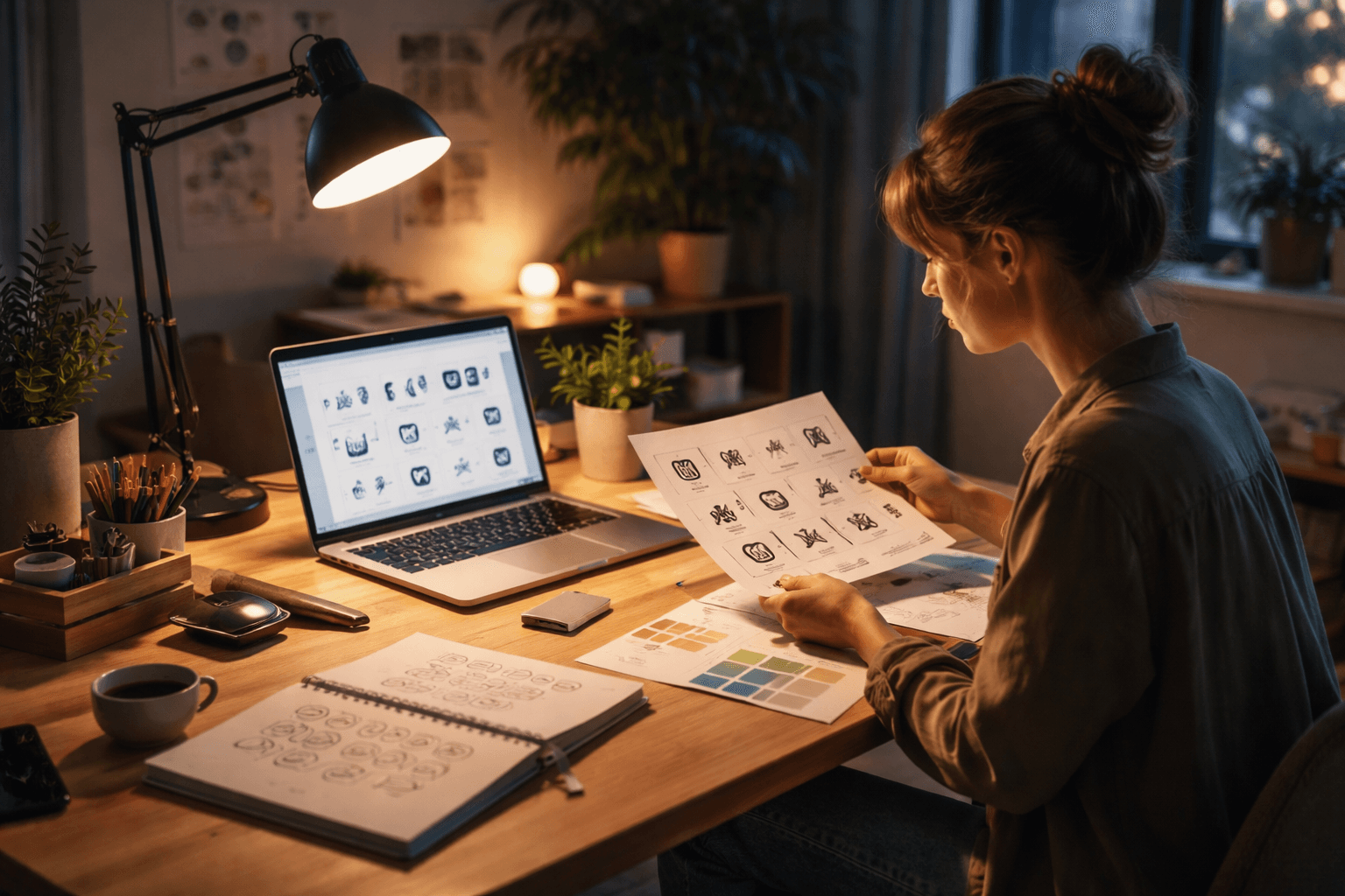 Designing in a home studio with sketches and a laptop at dusk