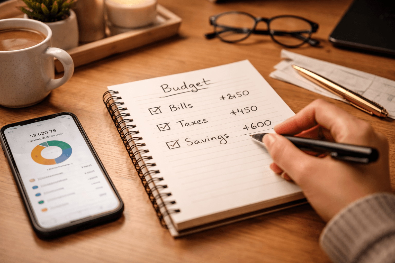 Close-up of a notebook and spreadsheet showing categories for bills, taxes, and savings next to a laptop
