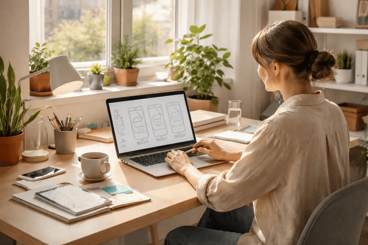 A designer working on UX wireframes in a bright home studio, late afternoon light and calm desk setup