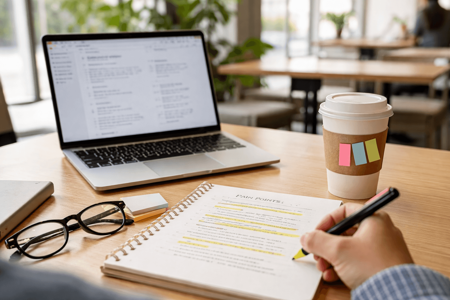 A cafe counter scene with a laptop, printed competitor notes, and highlighted pain points on sticky tabs