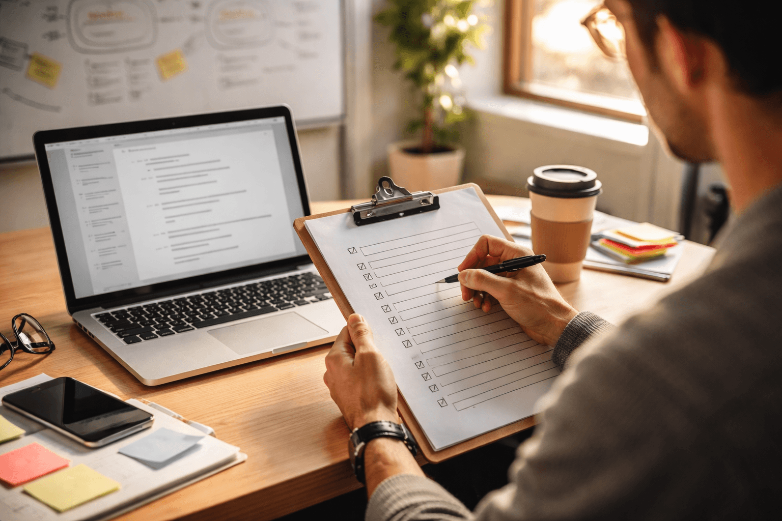 Whiteboard with arrows mapping niche → format → specialty while a freelancer reviews a checklist on a laptop