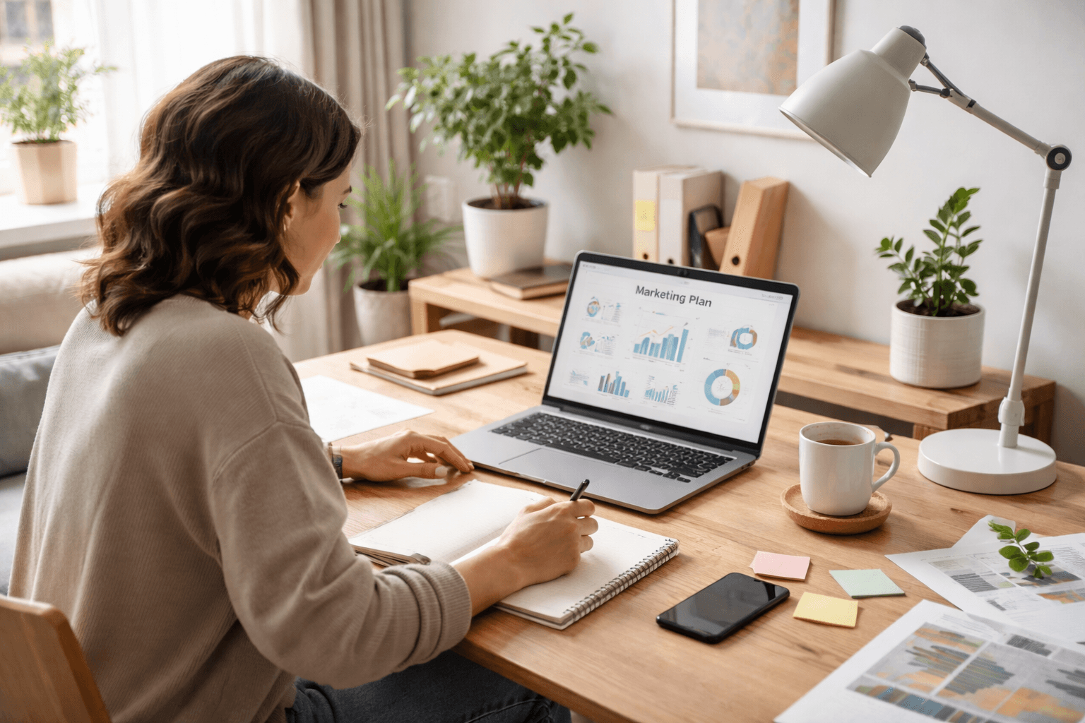 Freelancer planning digital marketing strategy at a home studio desk in the morning, editorial wide shot