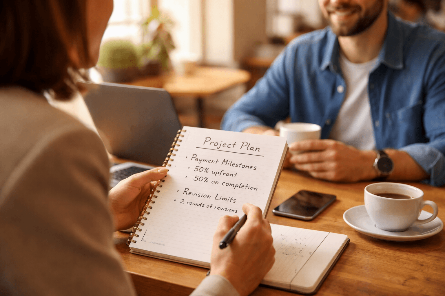 Freelancer making notes during a cafe client meeting, checklist on paper