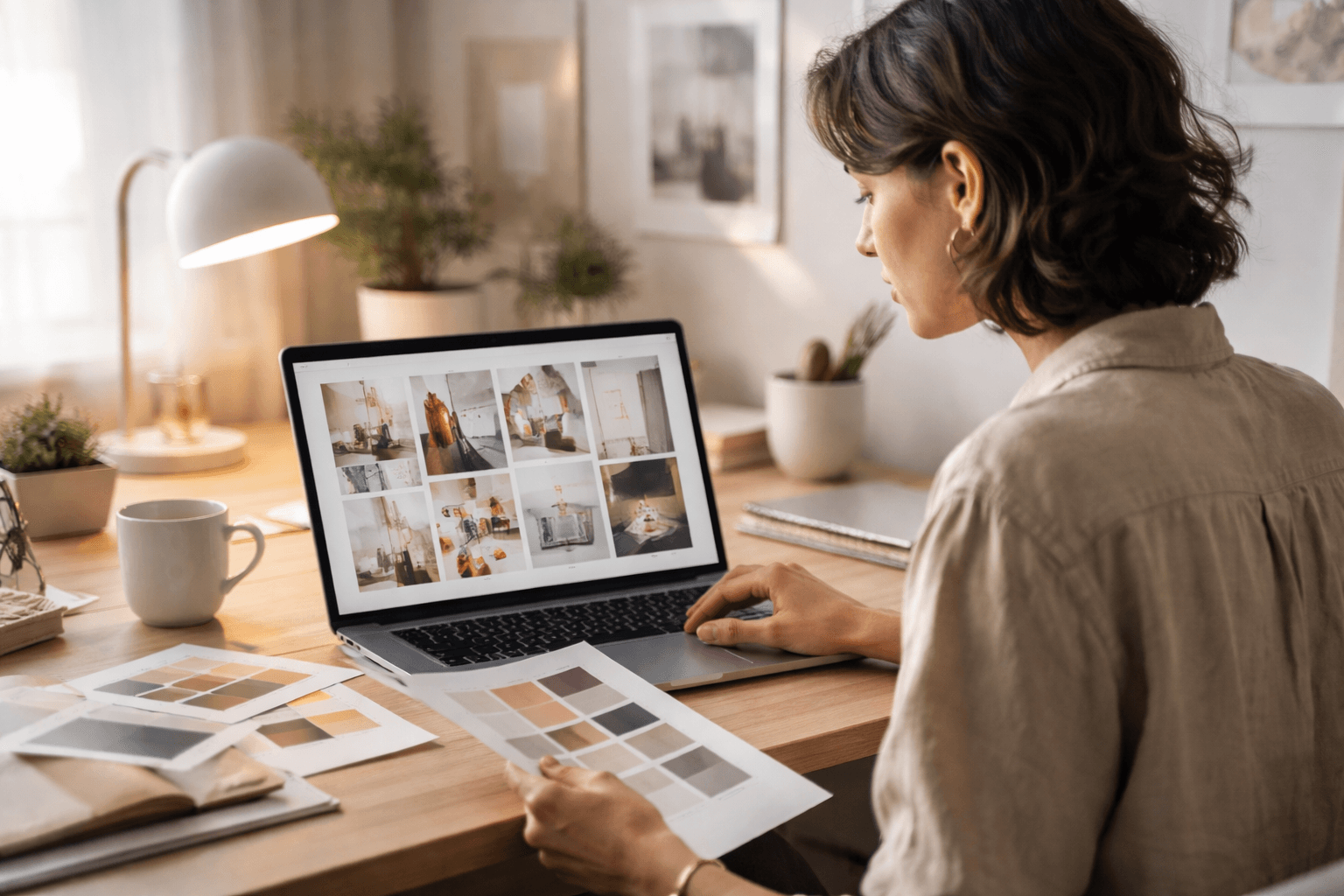 Designer reviewing brand references on a laptop at a home studio desk during morning light