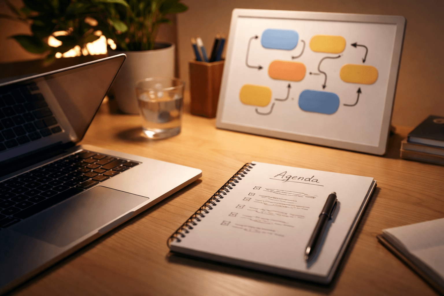 Close-up of a laptop with a written intro outline on paper beside it, plus a minimal whiteboard sketch of a call agenda (no readable UI)