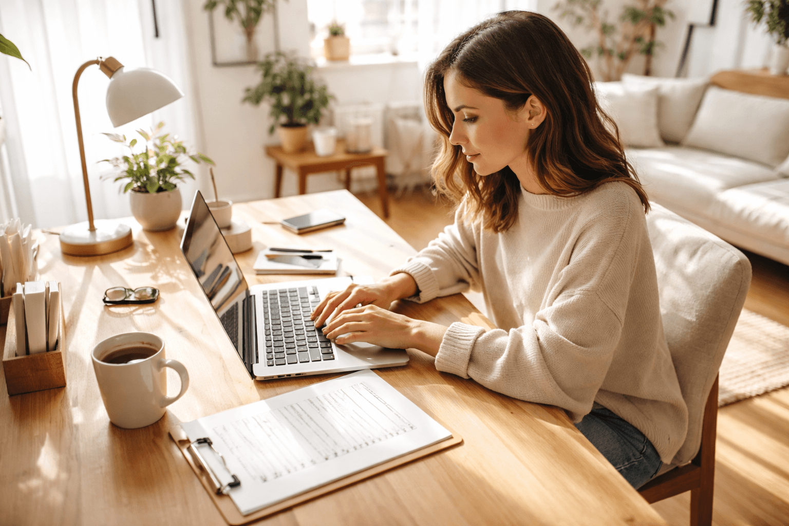 Freelancer reviewing a proposal on a laptop in a home studio