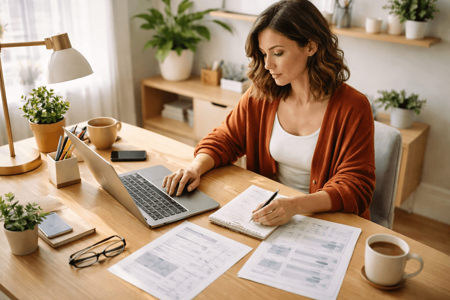 A home office desk with a notebook, laptop, and printed pitch notes at golden hour