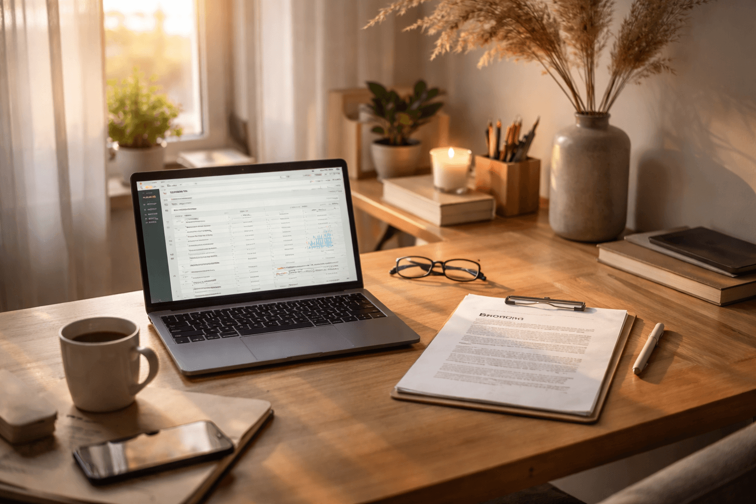 Freelancer reviewing an invoice on a home office desk, late afternoon light