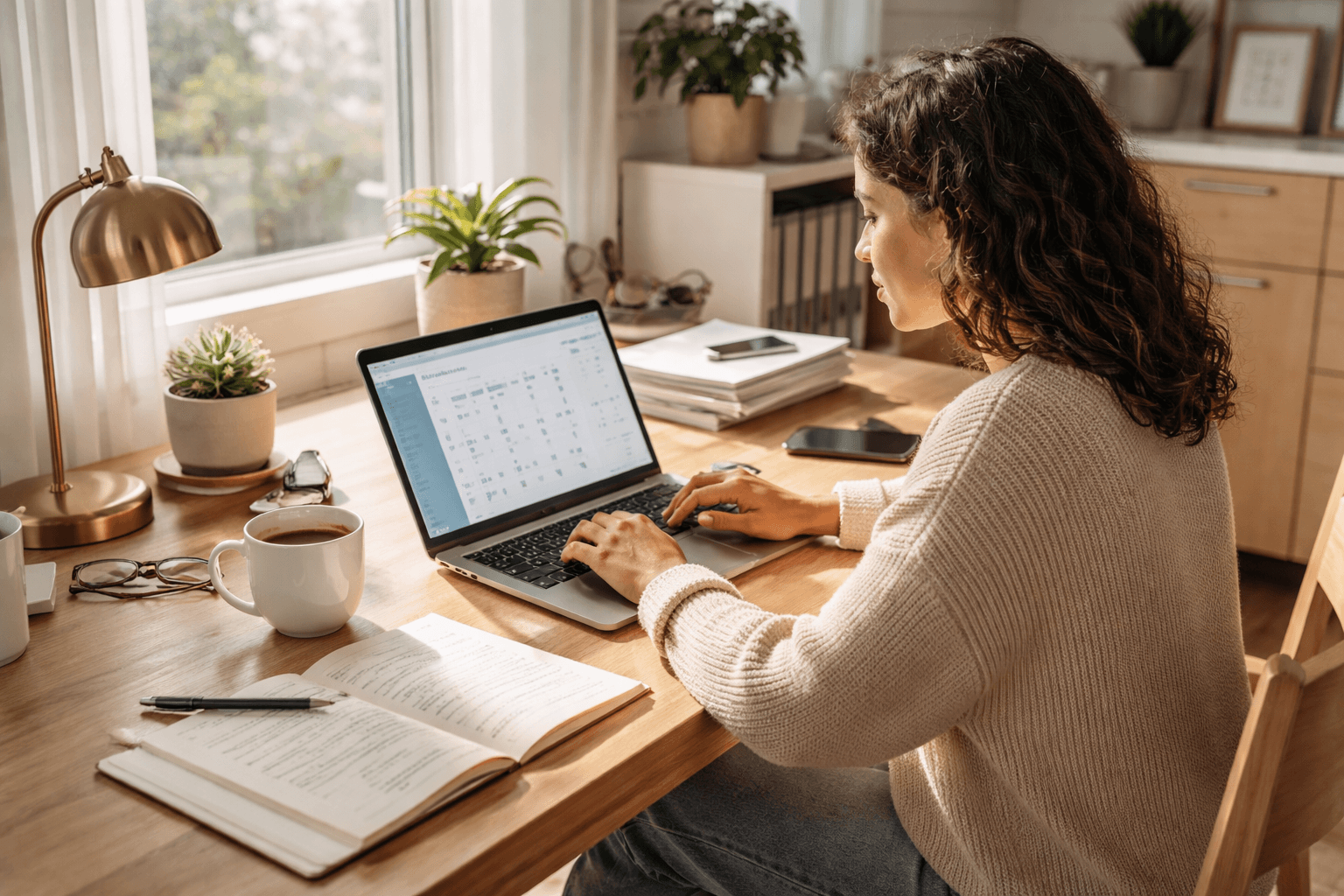 Freelancer reviewing payment schedule at a home office desk with laptop and notes