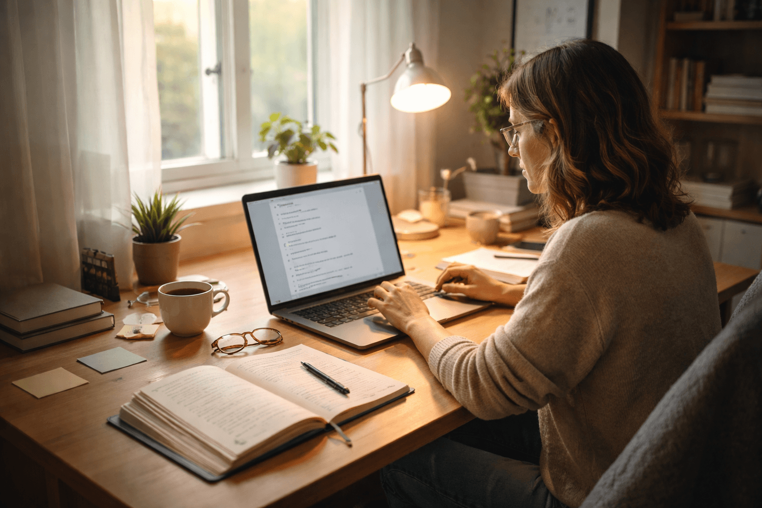 A freelance writer at a home desk at sunrise, laptop open, notes and pen beside a notebook