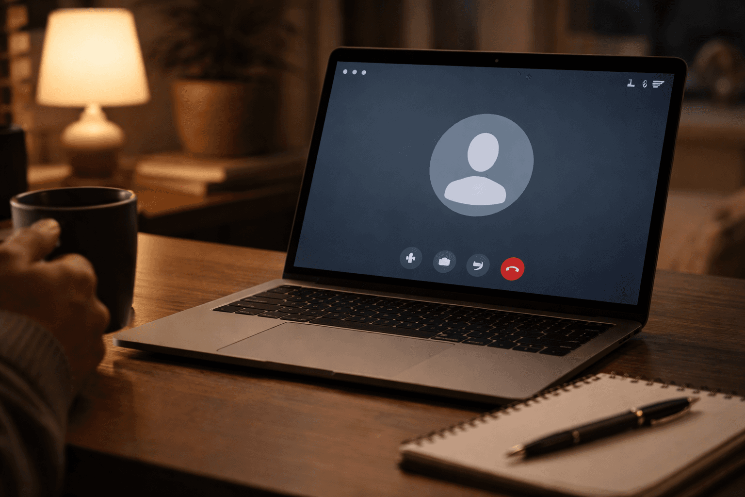 Client call on a video screen with a whiteboard full of notes and a laptop showing a project handoff checklist
