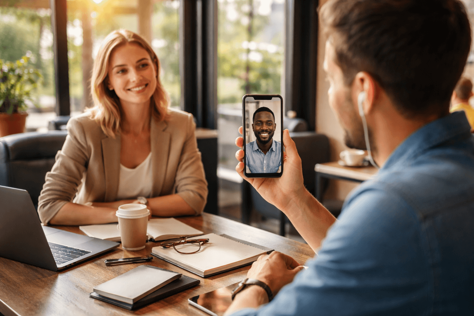 Client on a video call congratulating a freelancer after a project milestone, both smiling softly