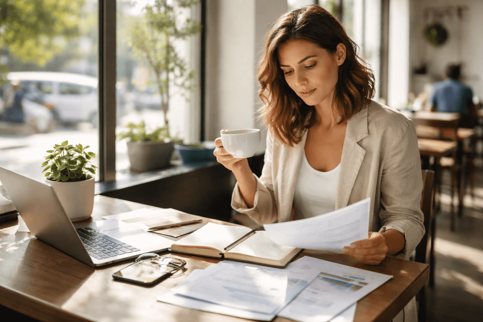 Freelancer working in a cafe with printed portfolio notes, morning ambiance