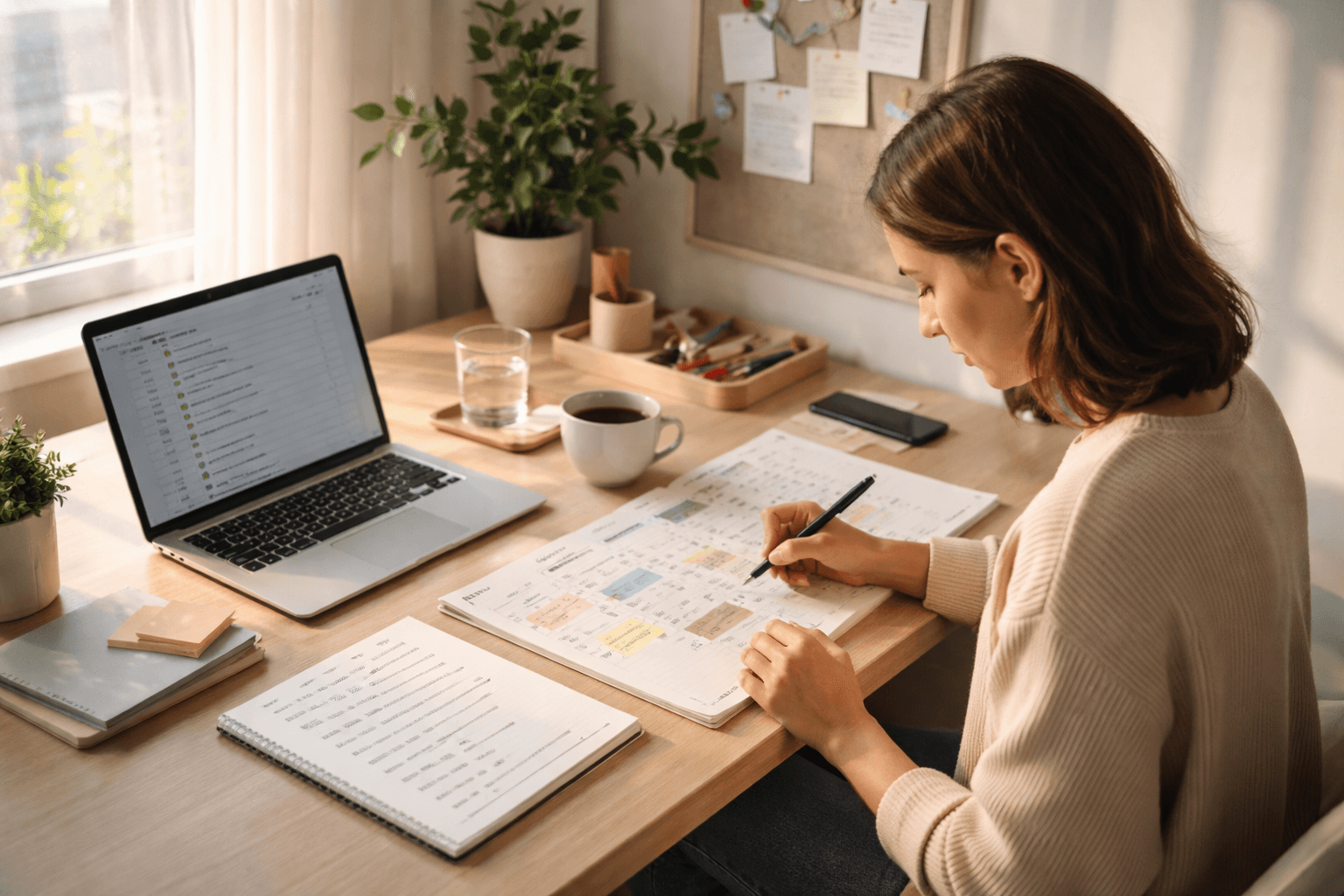 Freelancer reviewing a laptop calendar and pipeline notes at home during morning light