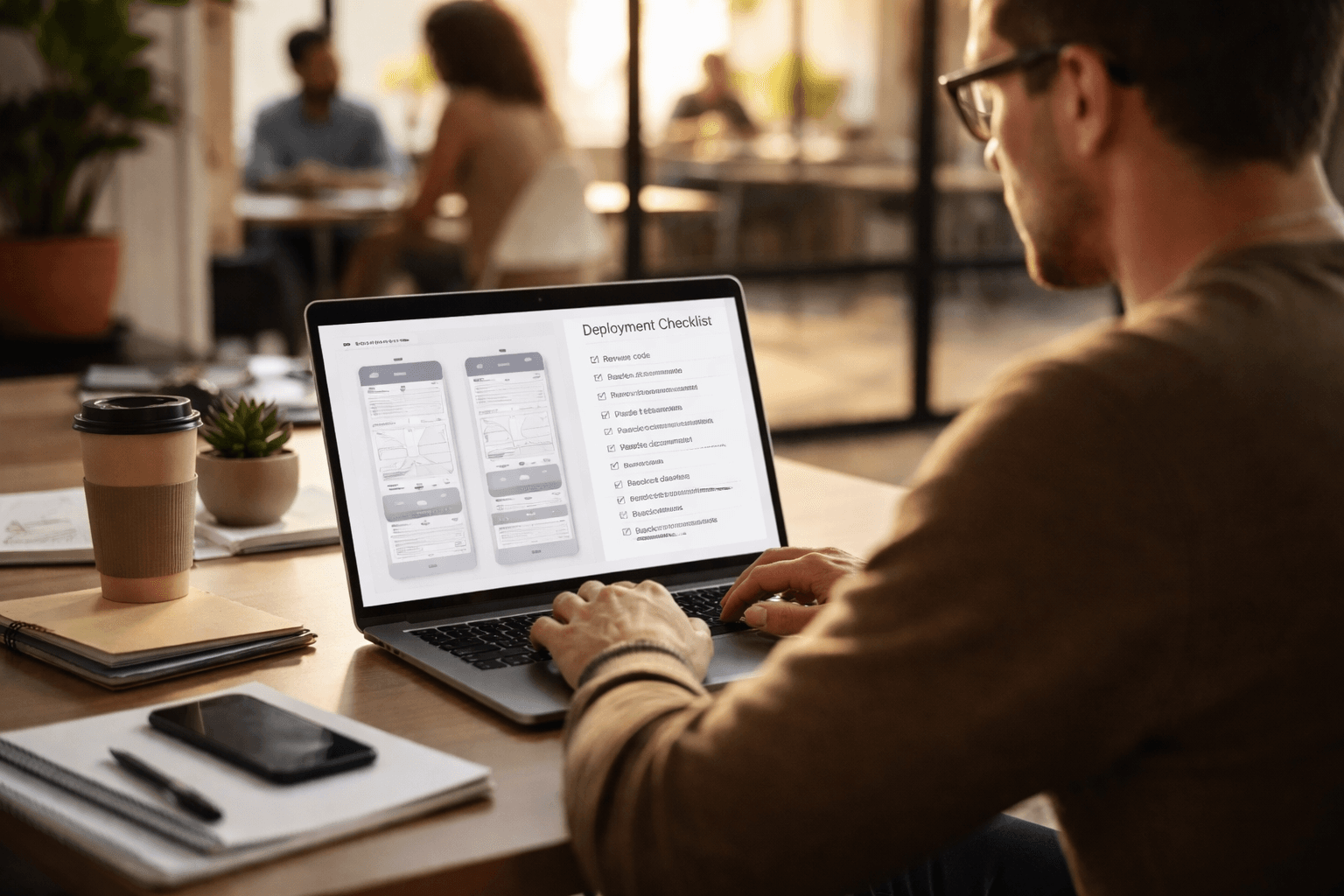 A co-working desk with a laptop open to project notes, wireframes, and a checklist for a client website build