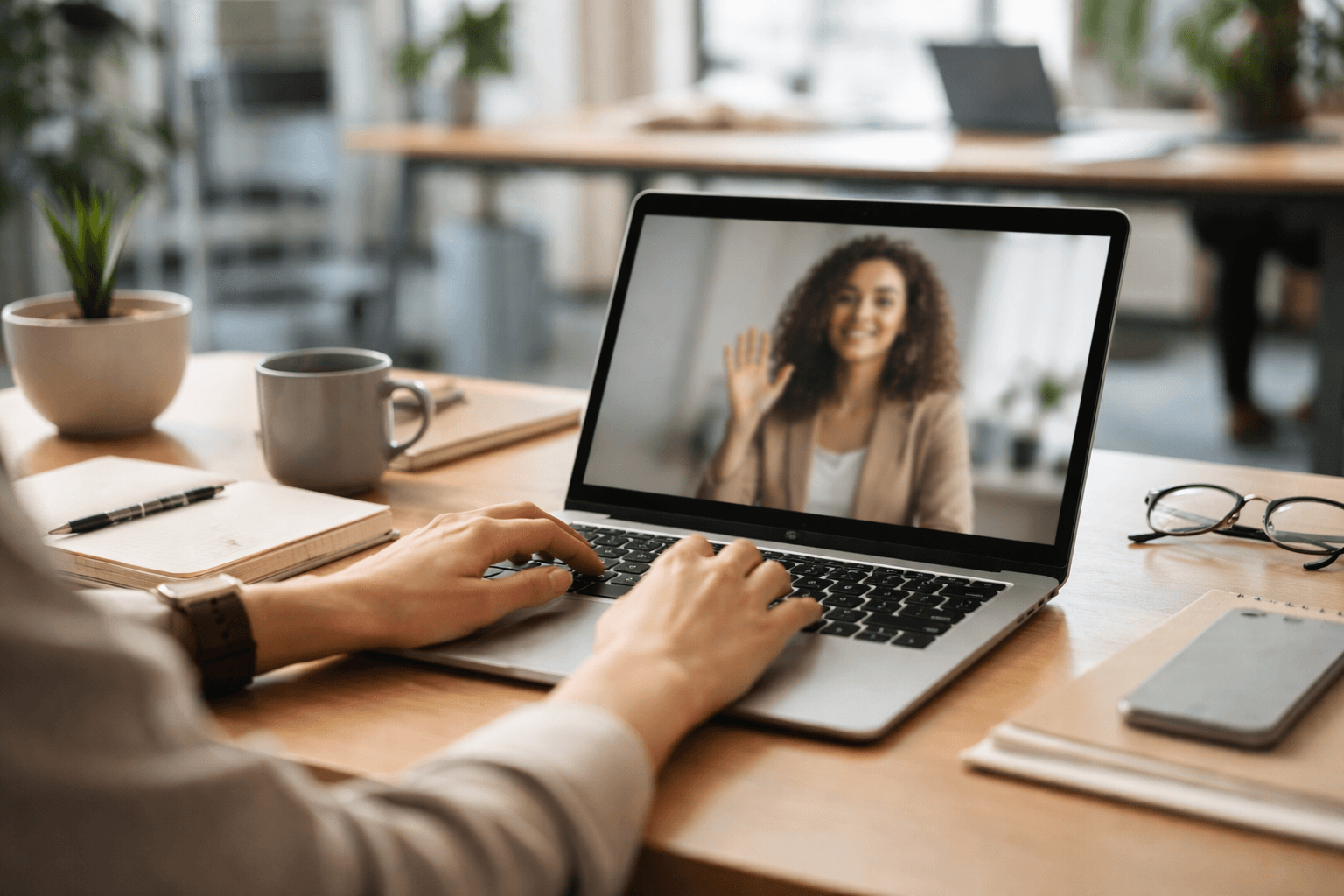 Co-working space scene with a freelancer on a client video call and shared notes