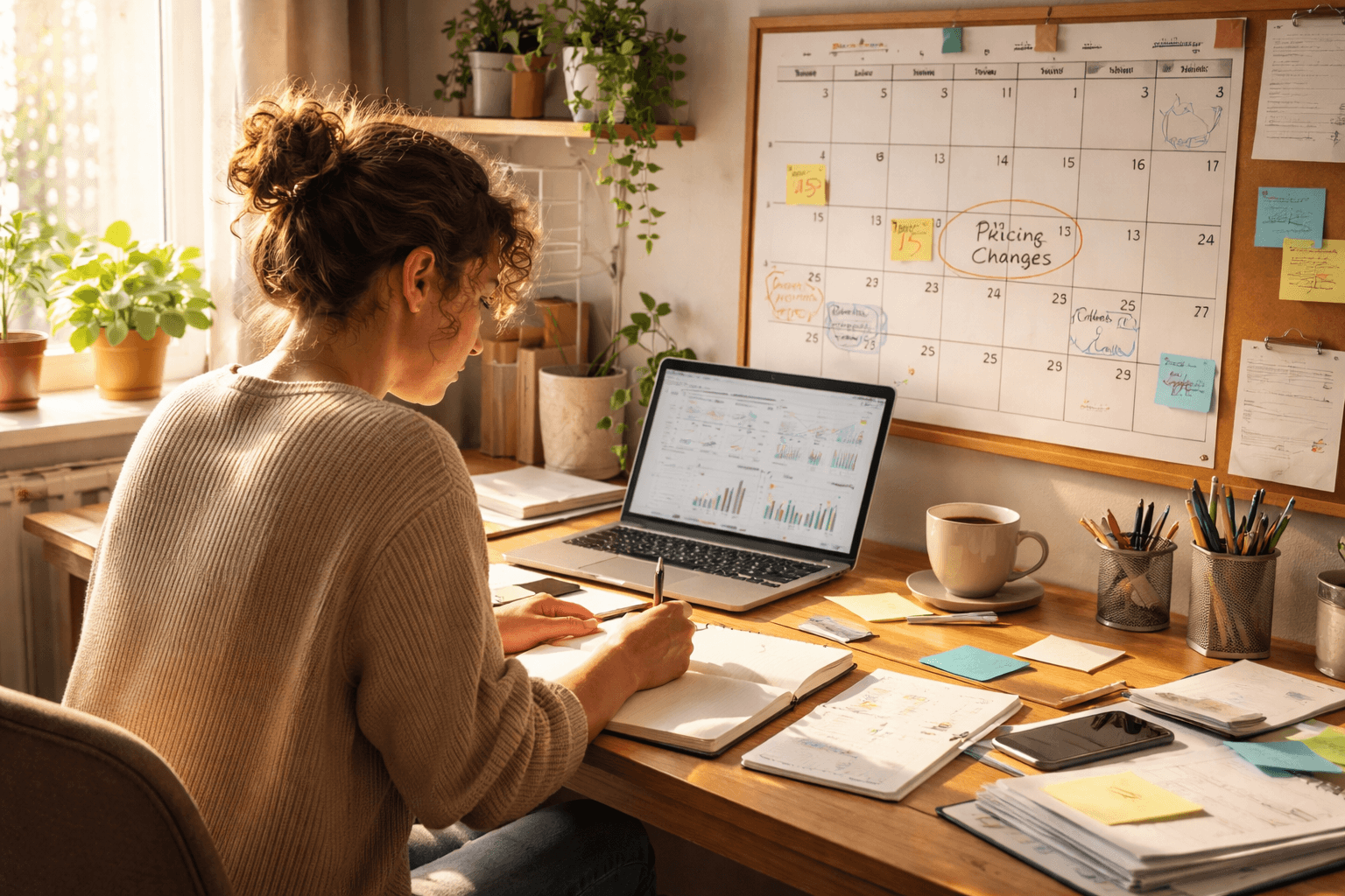 Freelancer planning a rate increase at a home desk with notes and calendar reminders