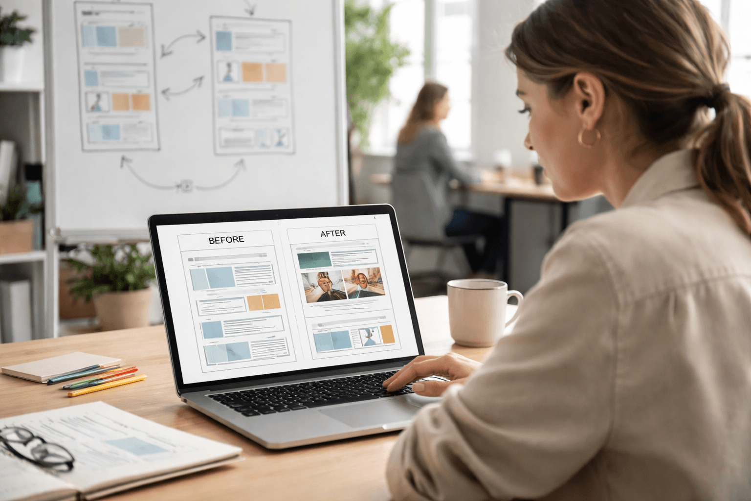 Co-working space scene with a designer reviewing a portfolio on a laptop and whiteboard planning typography and layout https://mnyooiivpmhhltlepaan.supabase.co/storage/v1/object/public/client-portal-content/seo-blog/f533e45f-97ff-4e1c-9ec7-ad4553394e18/12a60ba5-8756-4f68-a47b-8fcaf88b7ae4.png