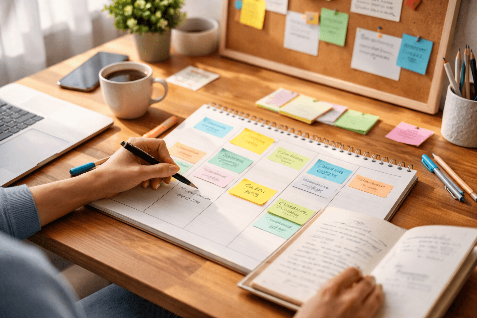 Freelancer planning the week at a desk with calendar and notebook