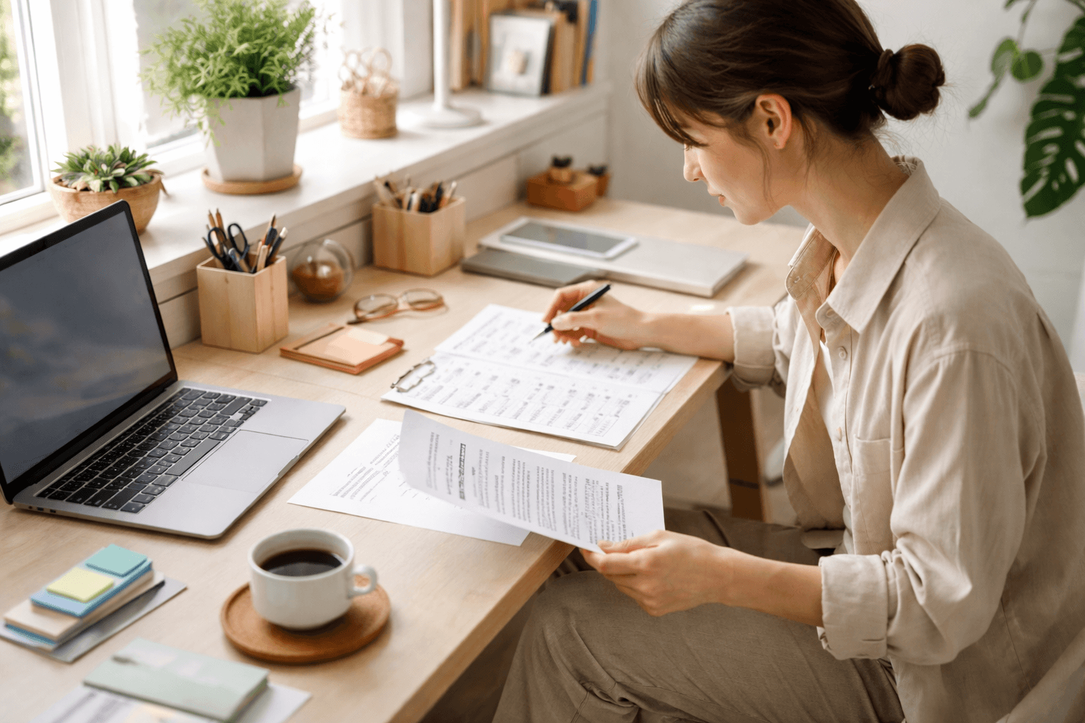 Freelancer reviewing contracts at a home studio desk with a calendar and notes