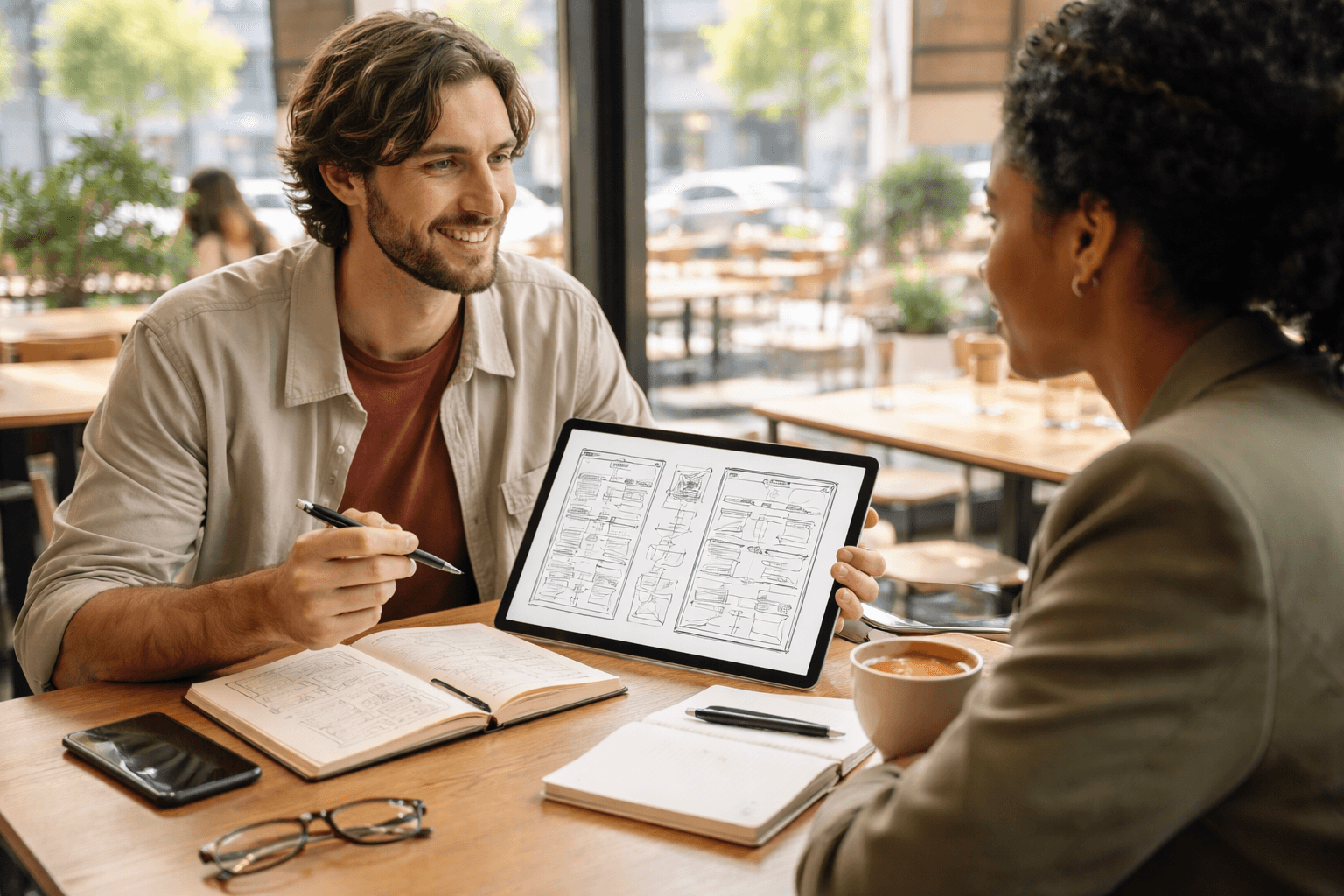 Designer reviewing a discovery checklist on a laptop during a cafe meeting