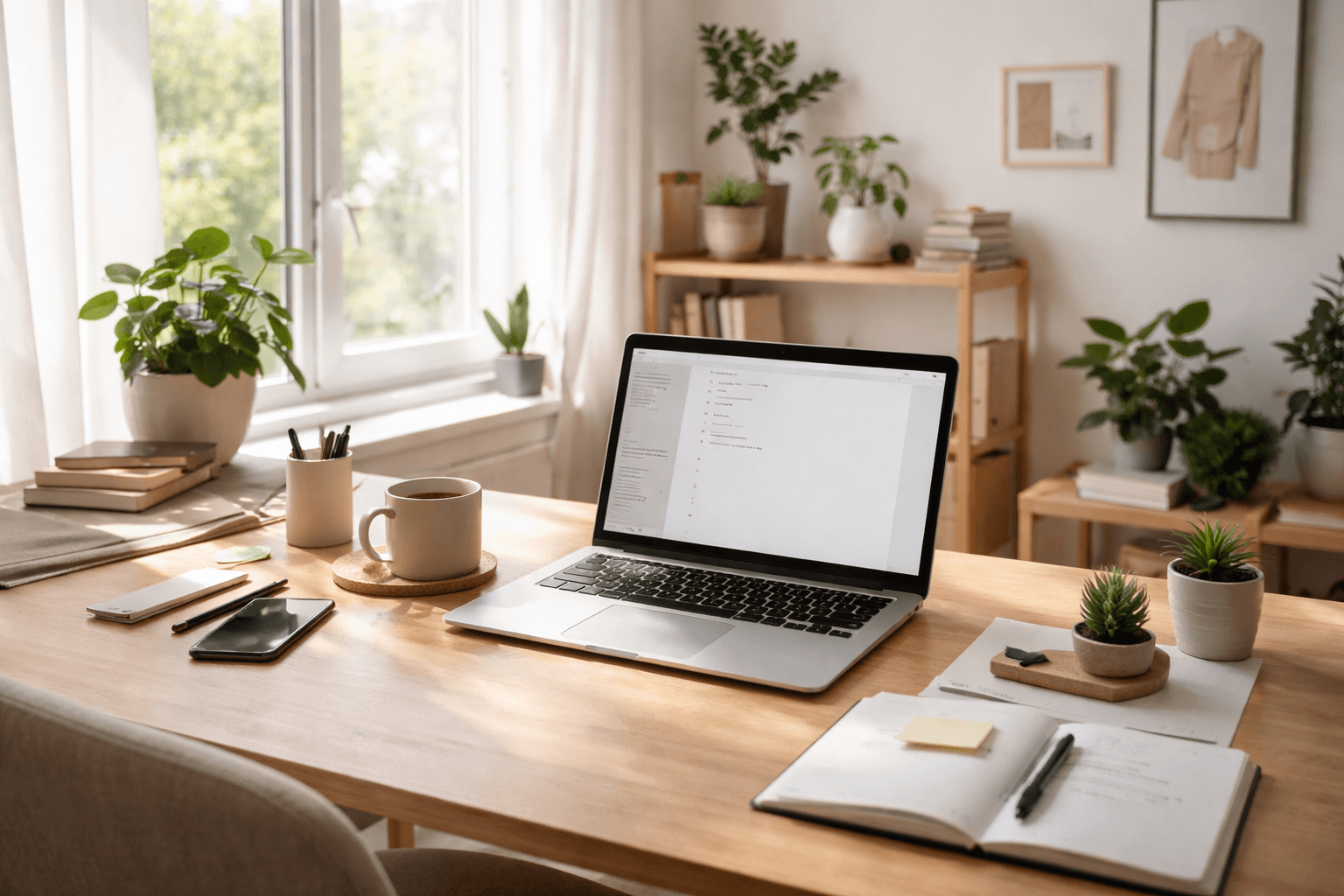A freelancer working at a home desk with a laptop, notes, and a phone showing a client call calendar in the background