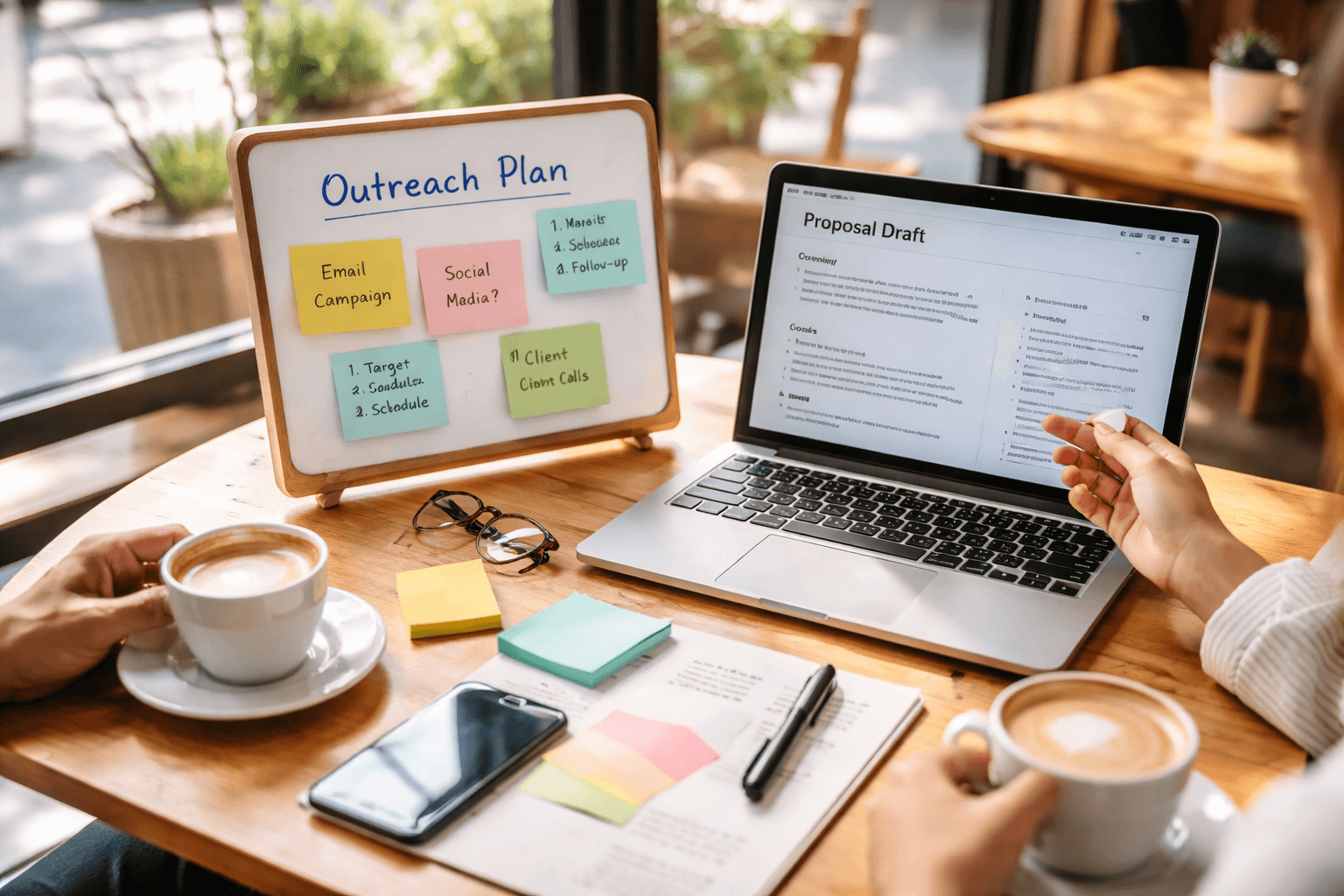 Coffee shop sketching a proposal and planning outreach