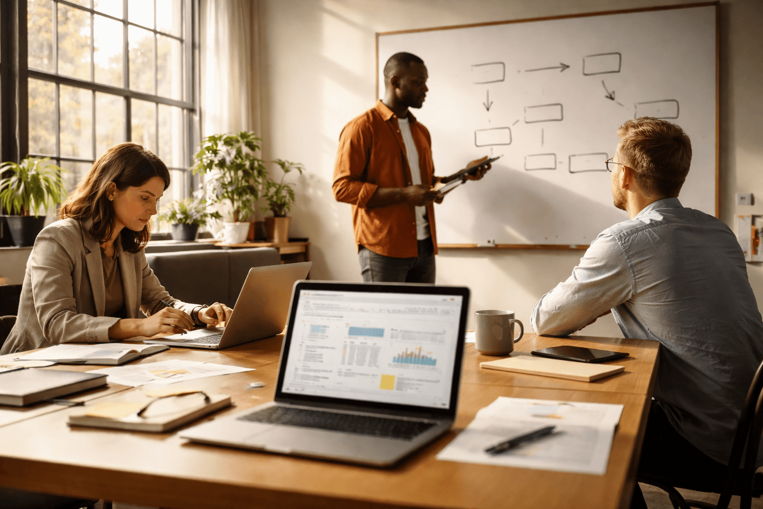 Client call and notes on a whiteboard during planning