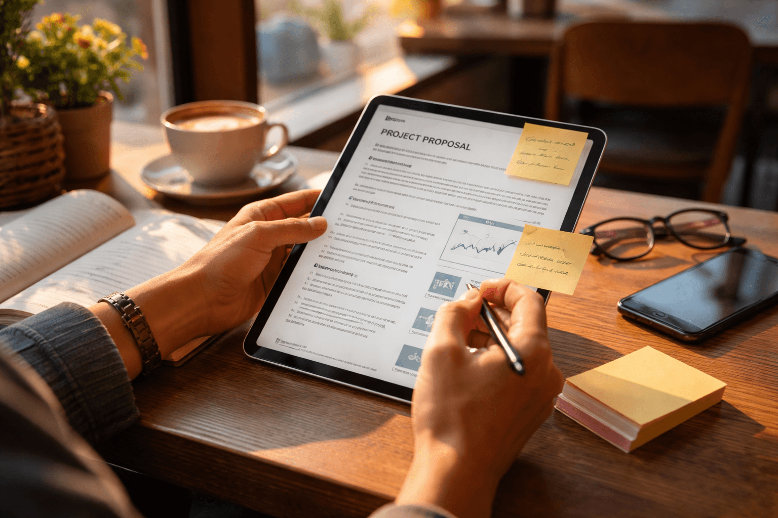 Freelancer in a cafe reviewing a copywriting proposal on a tablet while marking scope and revisions, late afternoon natural light