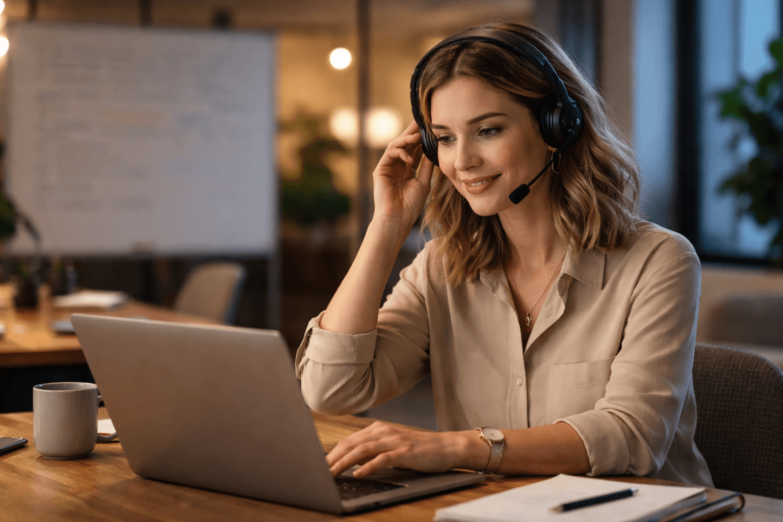 Co-working space with laptop and notes during a client call setup