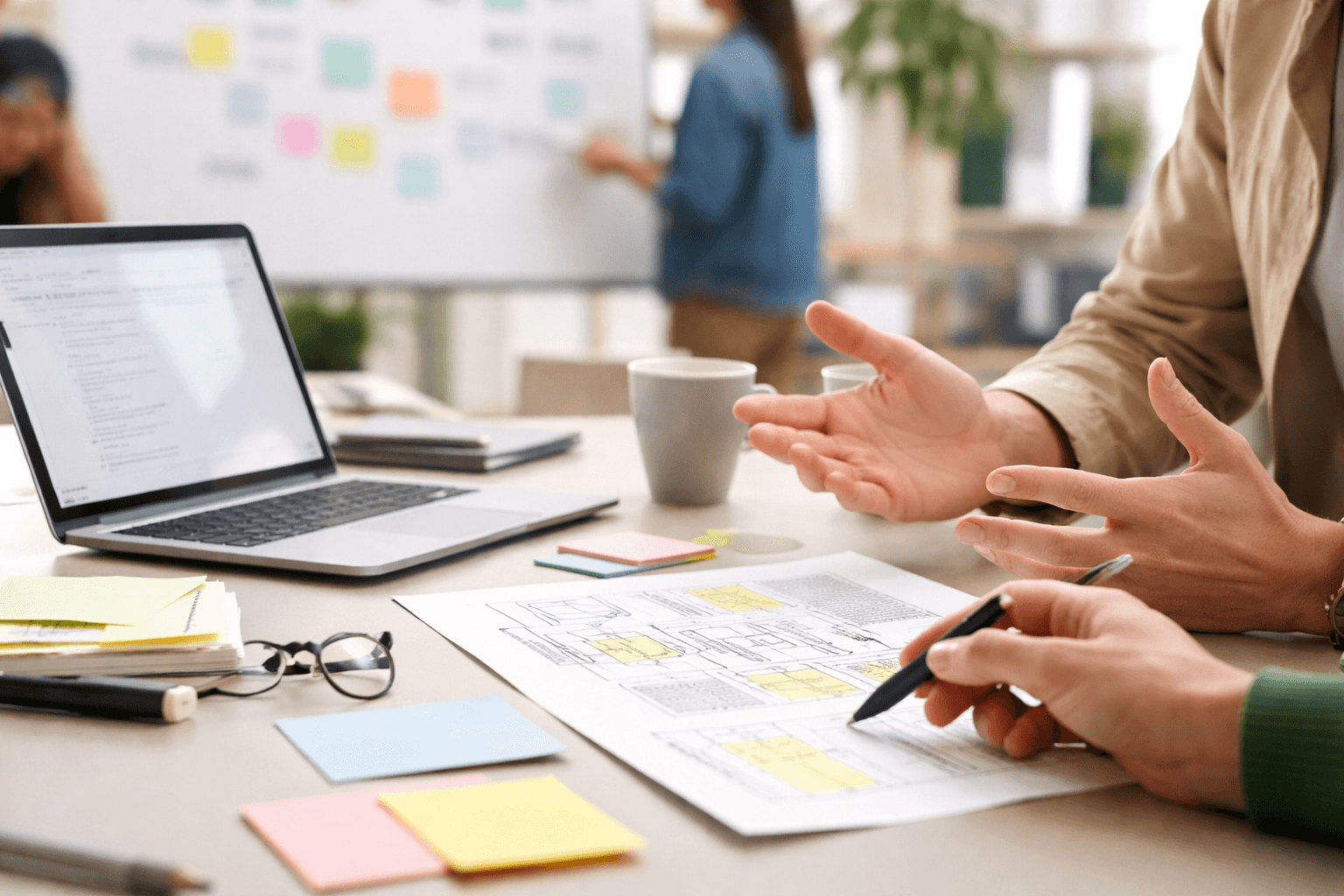 Co-working space desk with laptop and a whiteboard plan for content