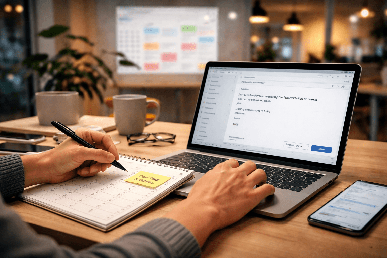 Co-working space with a laptop, calendar, and sticky notes for scheduling client work