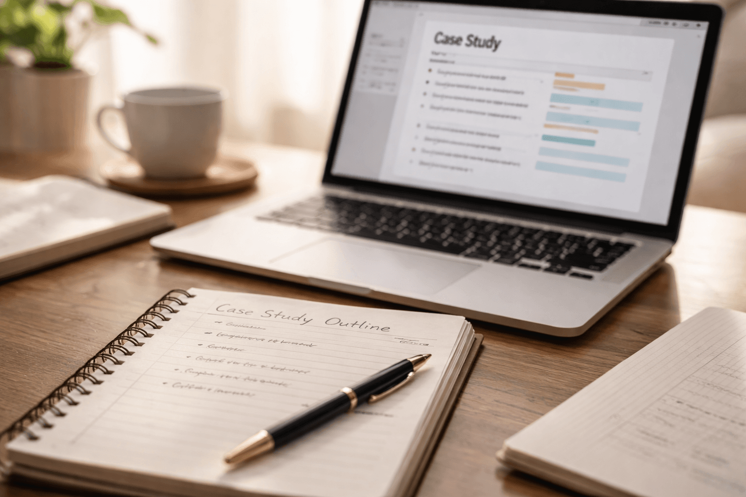 Close-up of a notebook beside a laptop showing project outlines and metrics