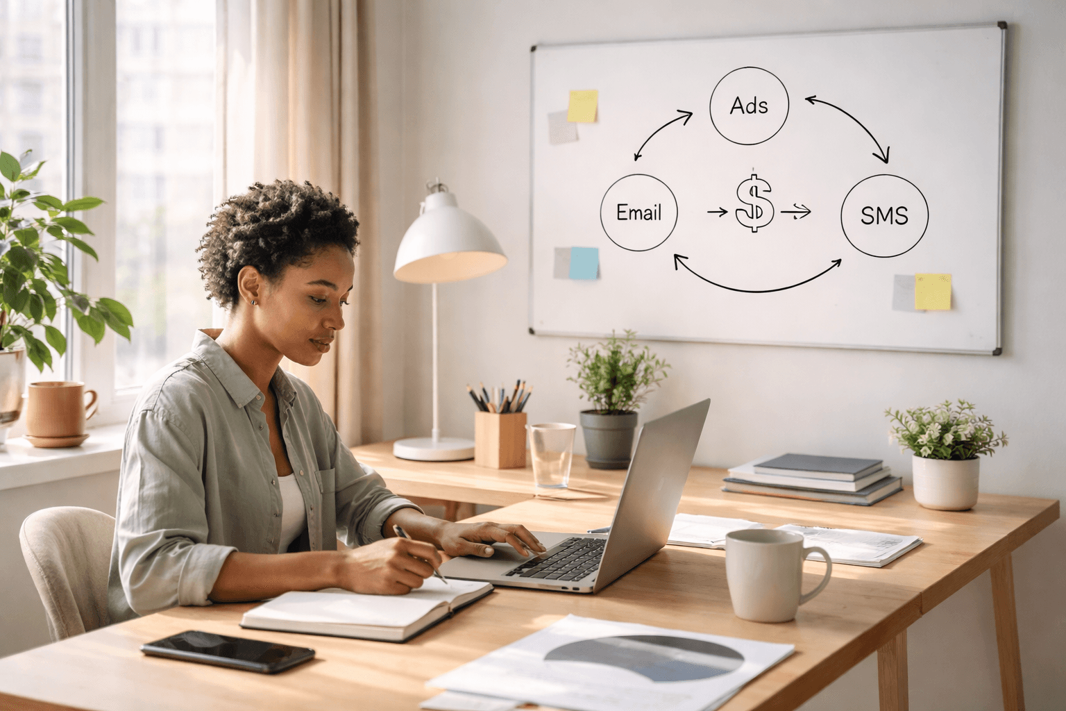 Freelancer planning a growth roadmap at a home desk with notes and a whiteboard concept