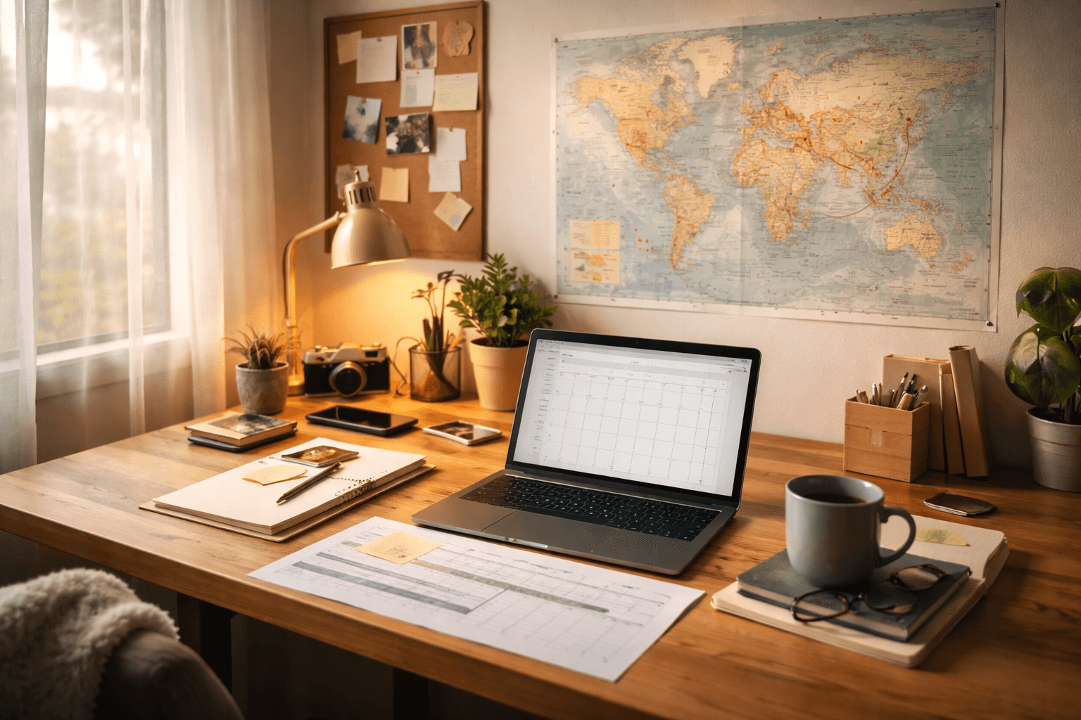 Focused home studio setup with laptop, notebook, and travel map on a desk at golden hour