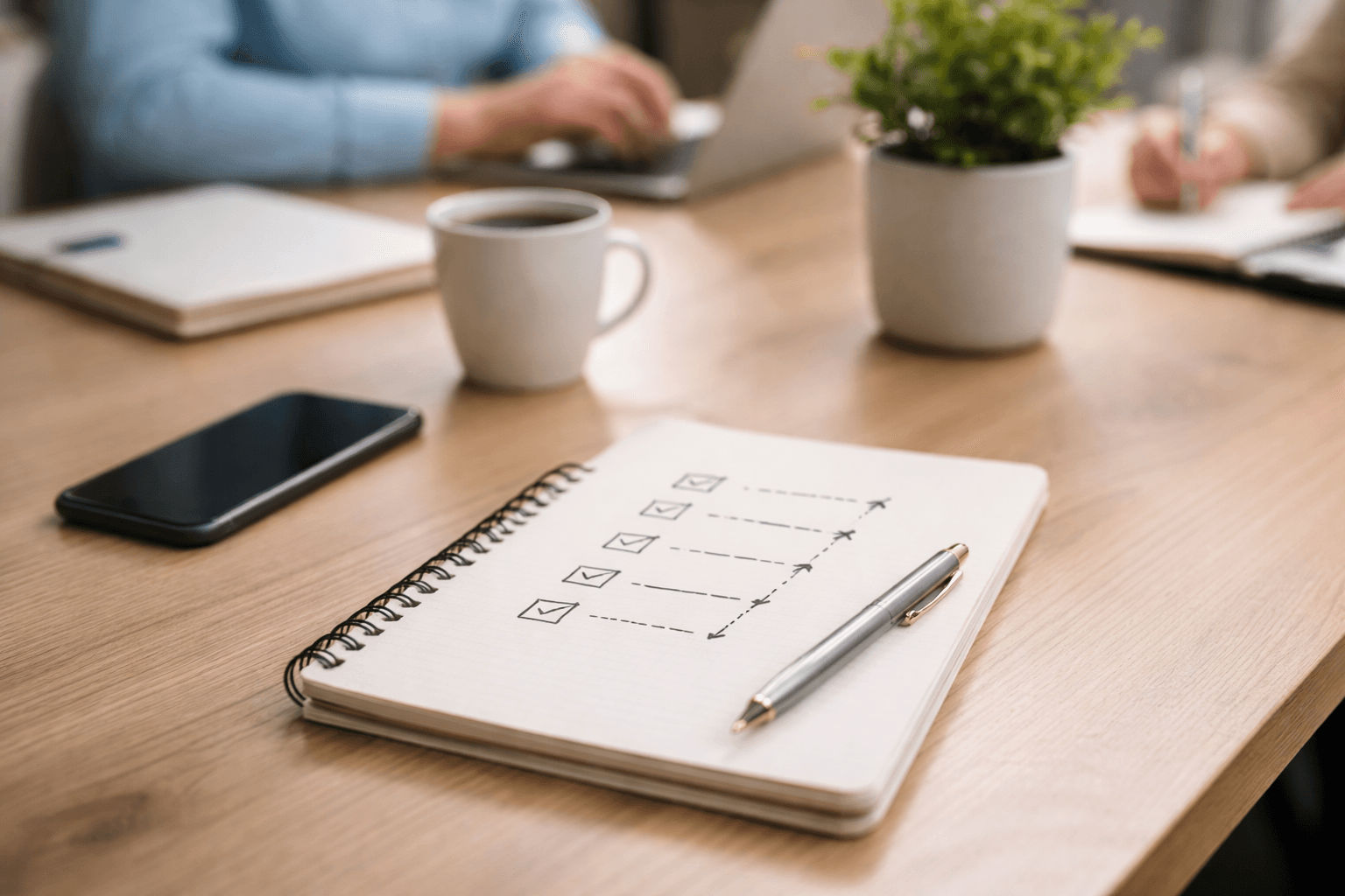 Co-working space scene with a laptop and a notepad labeled milestone plan (no readable UI)