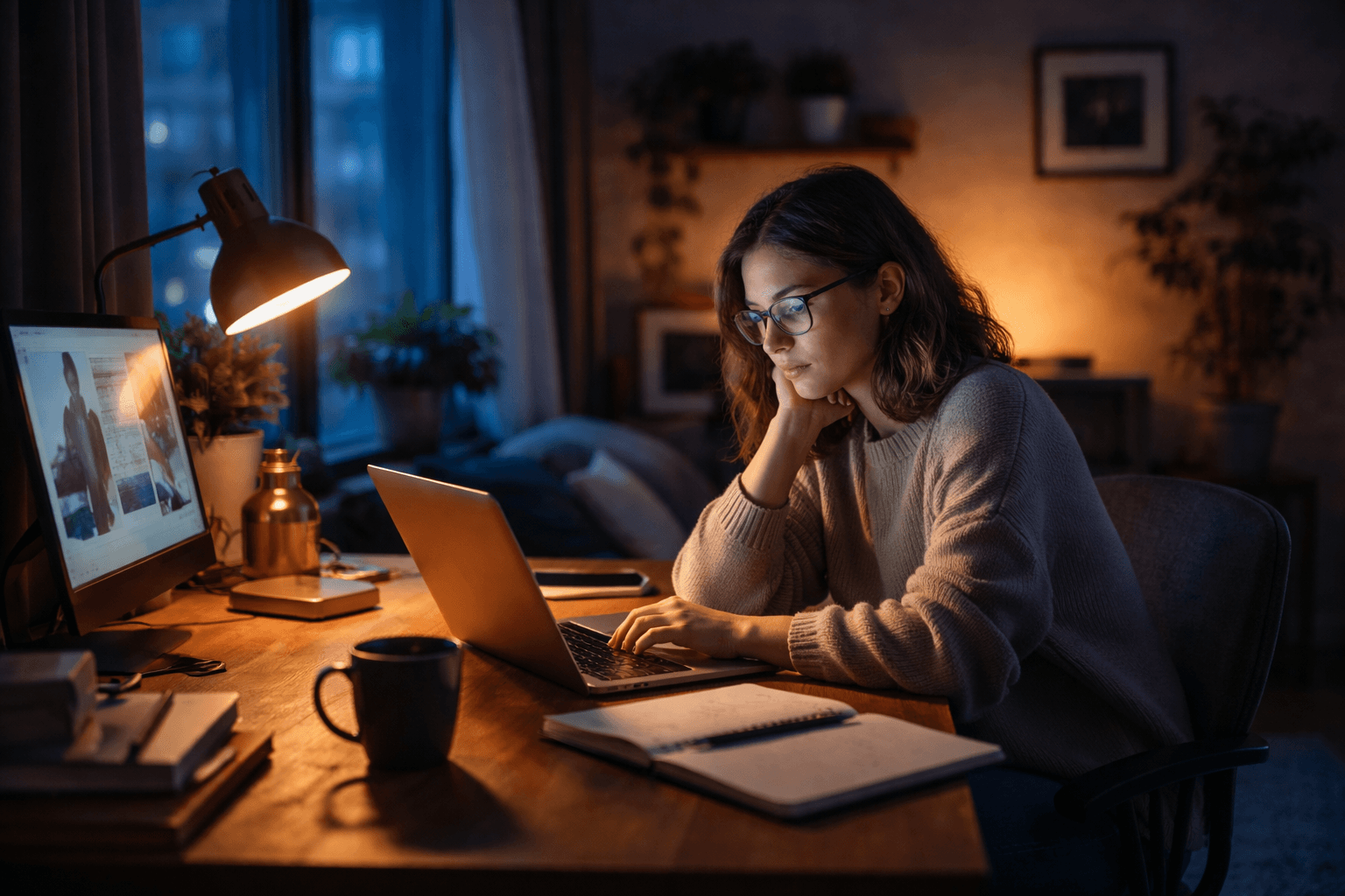 Freelancer working late in a home studio with a tired laptop glow