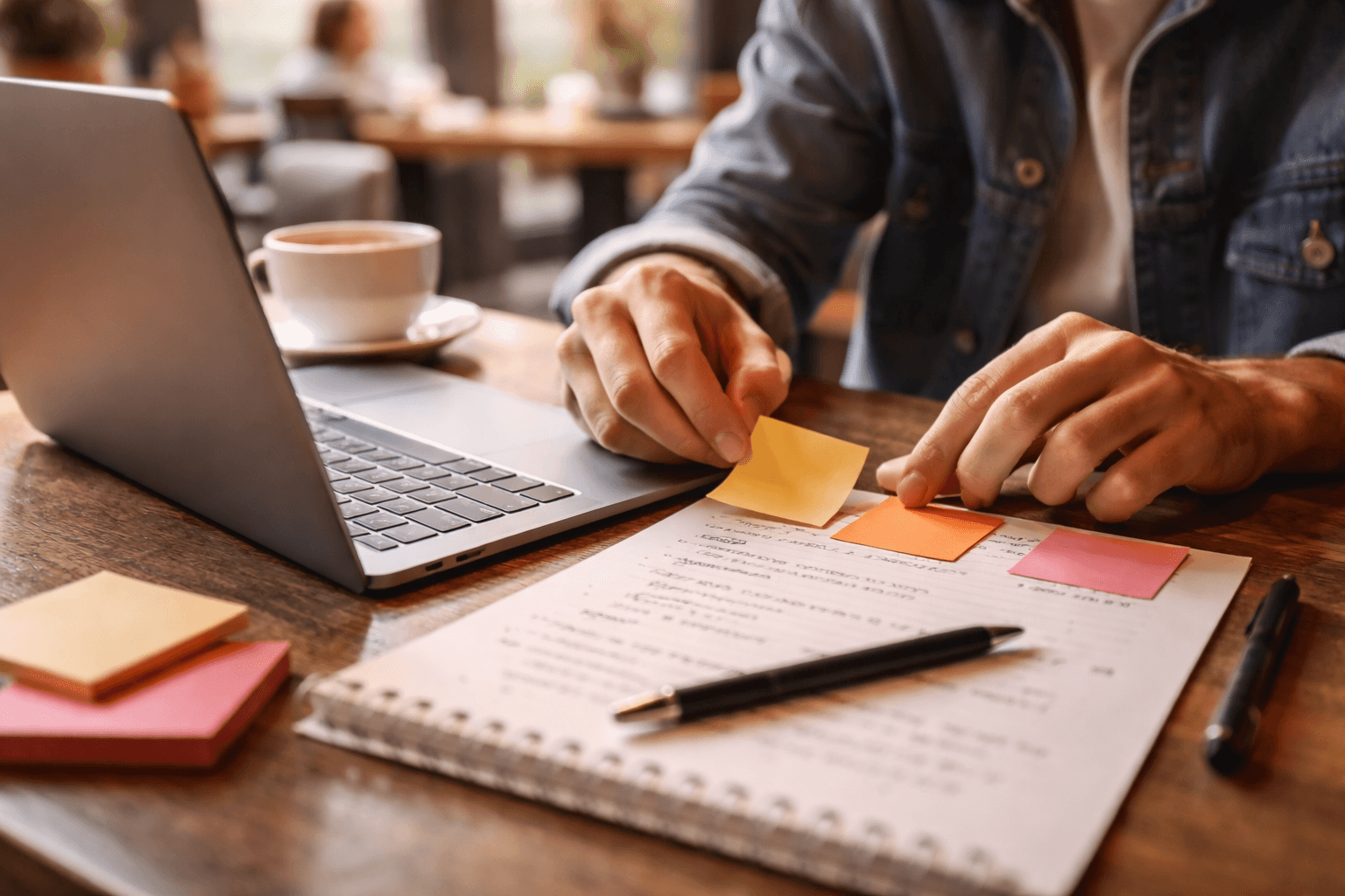 Close-up of a notebook with a writing outline and sticky notes, with a laptop showing draft headings (no readable UI)