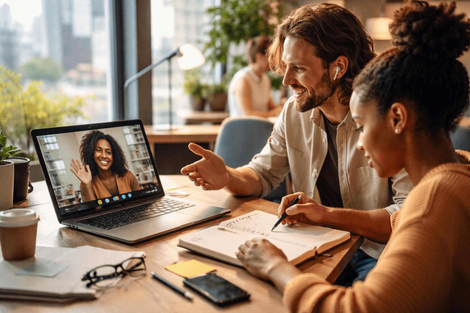 Co-working space during afternoon with two people on a video call planning a portfolio project and writing tasks on a notebook