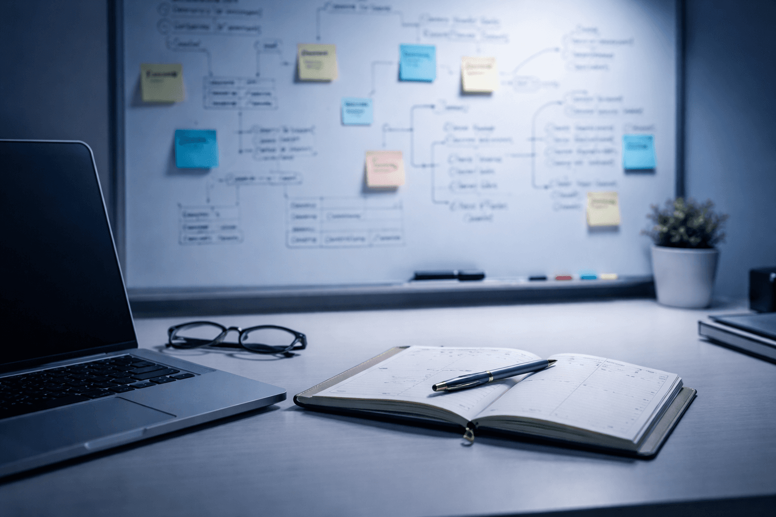 Close-up of a freelancer planning on a whiteboard with colored sticky notes and a laptop open