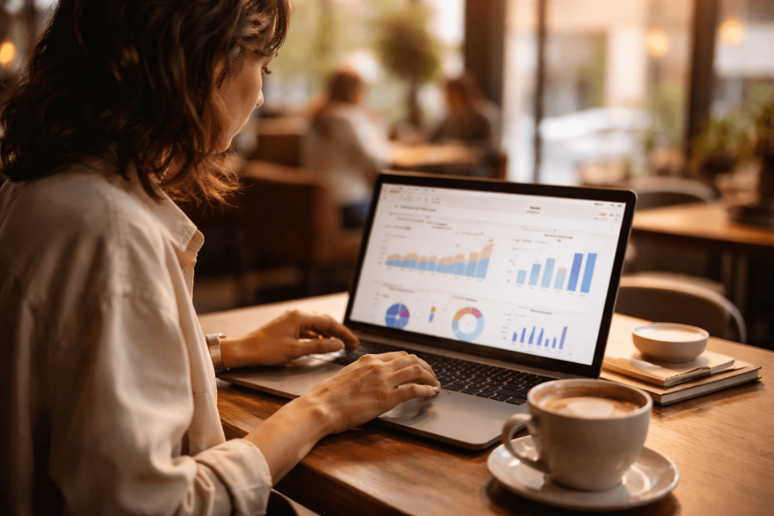 Freelancer reviewing a marketing dashboard during a coffee break, medium shot with laptop