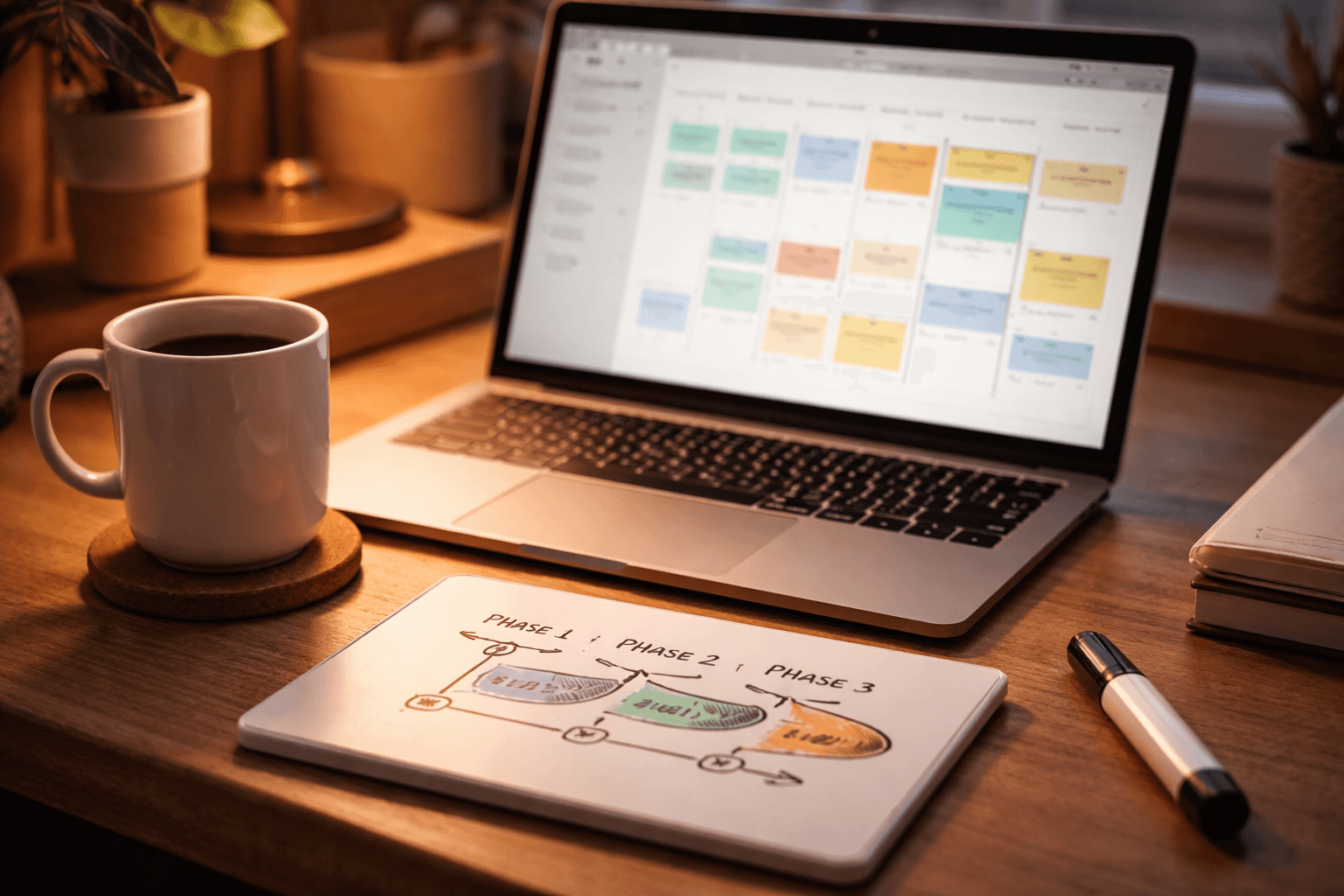 A close-up of a laptop showing a calendar and task list next to a cup of coffee and a simple whiteboard planning diagram, evening warm tones