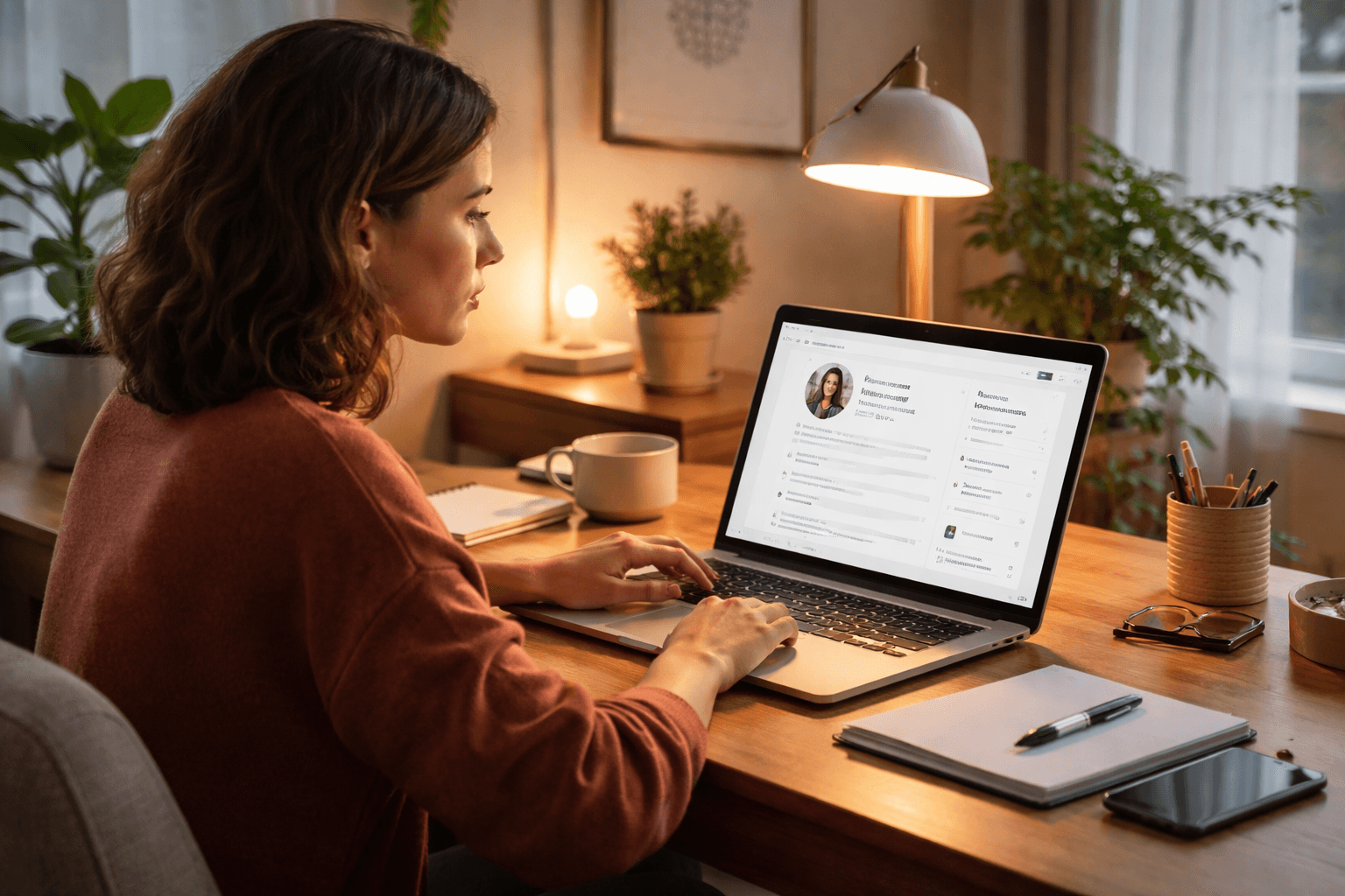 Freelancer working on LinkedIn profile at a home studio during evening light