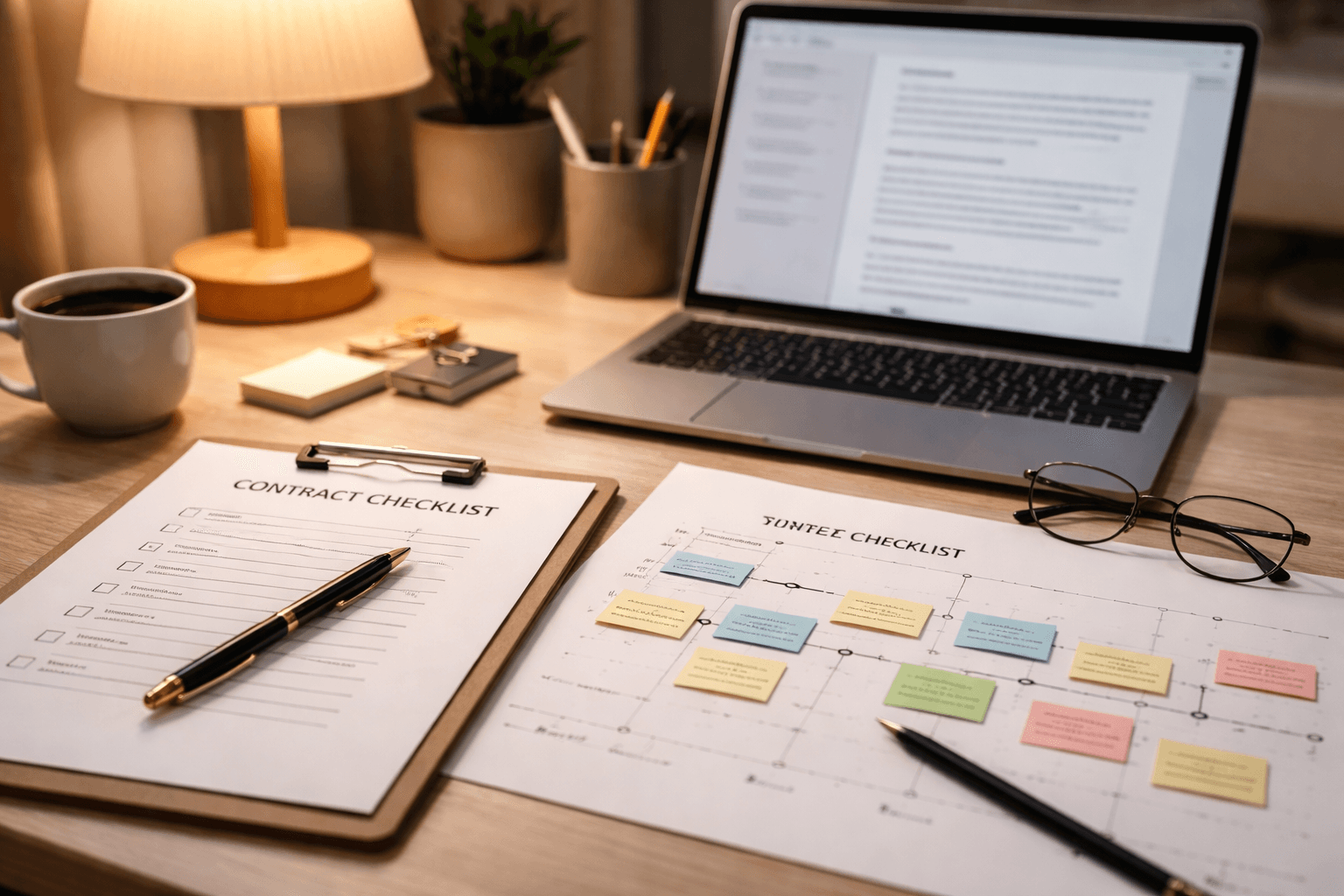 Close-up of a laptop showing a structured proposal draft and timeline notes, with a pen and contract checklist