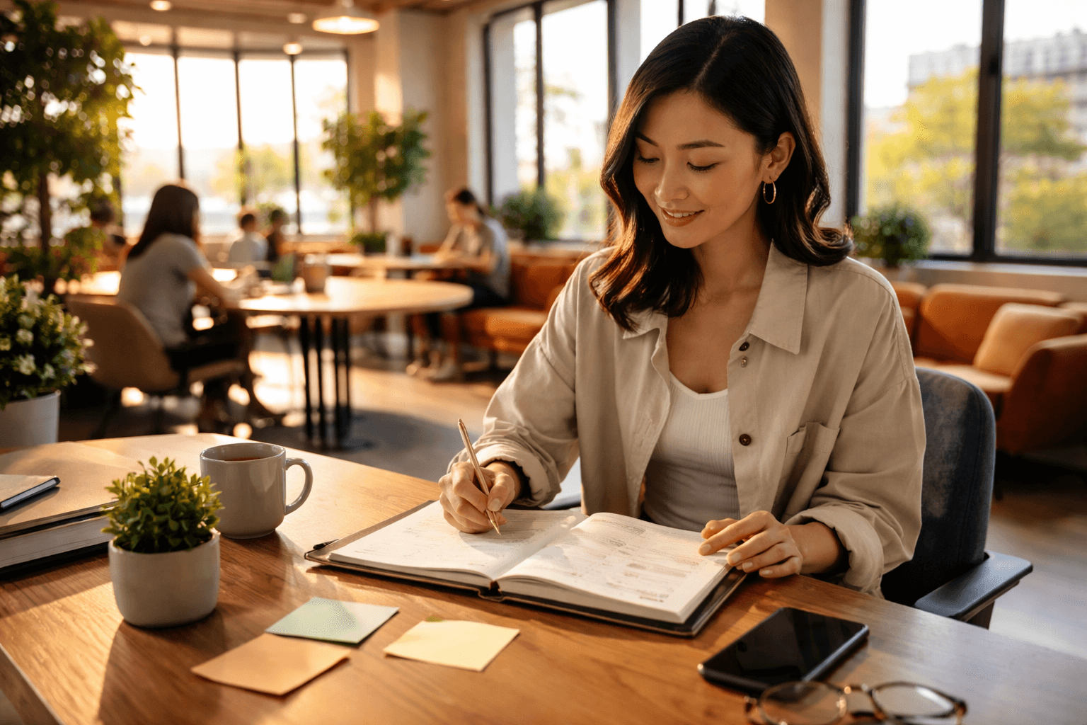 Freelancer in a co-working space using a notebook and calendar to set boundaries, late afternoon light