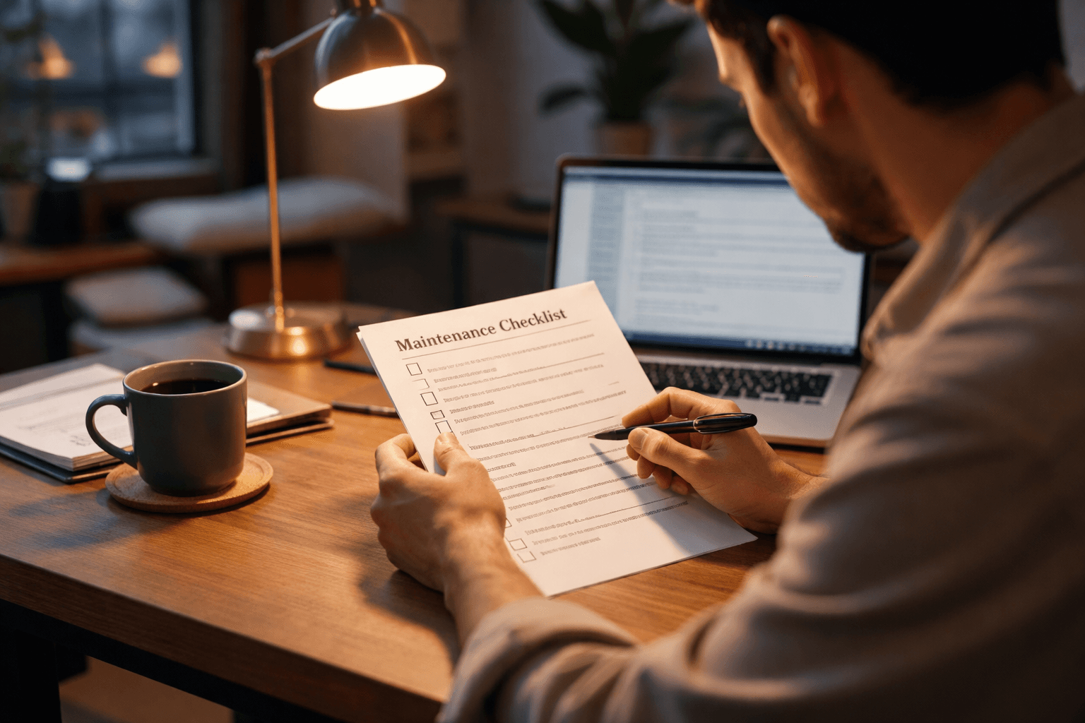 Freelancer reviewing a maintenance checklist on a laptop at home office in the evening