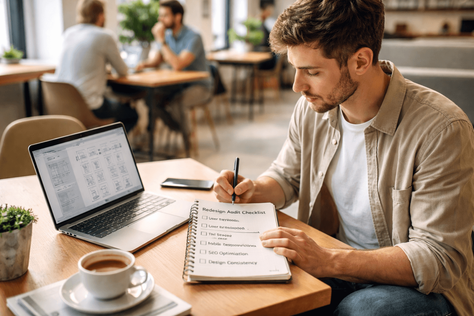 Co-working space desk with a laptop showing a website redesign audit checklist and sticky notes, afternoon light