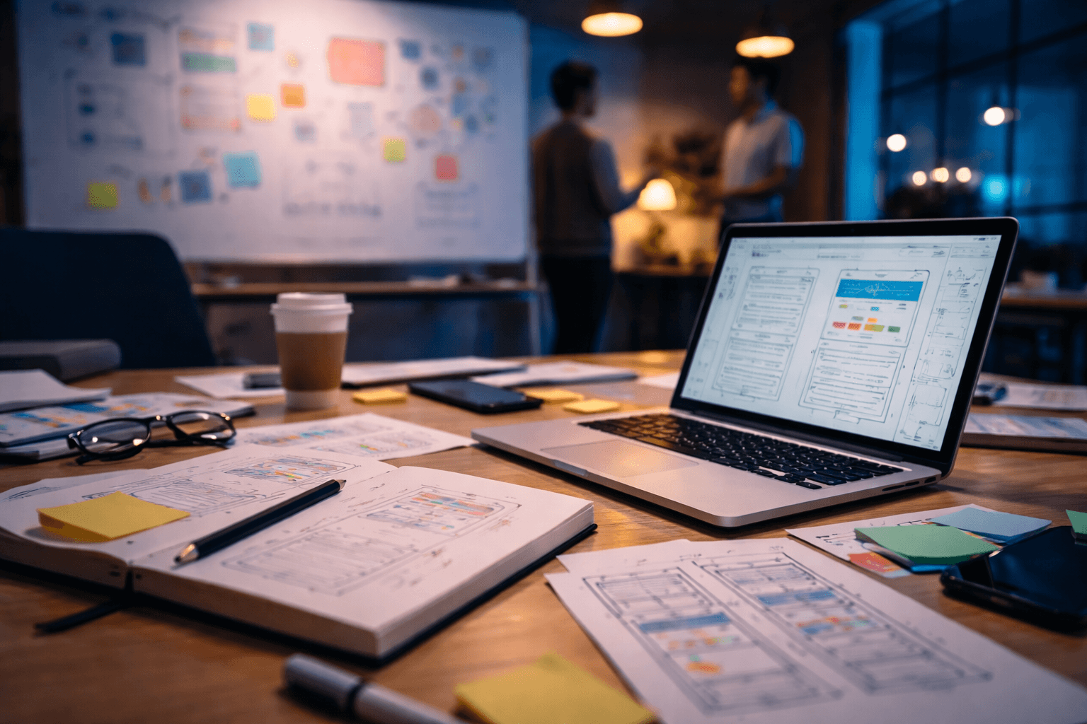 Co-working space desk with laptop and sketches near a whiteboard