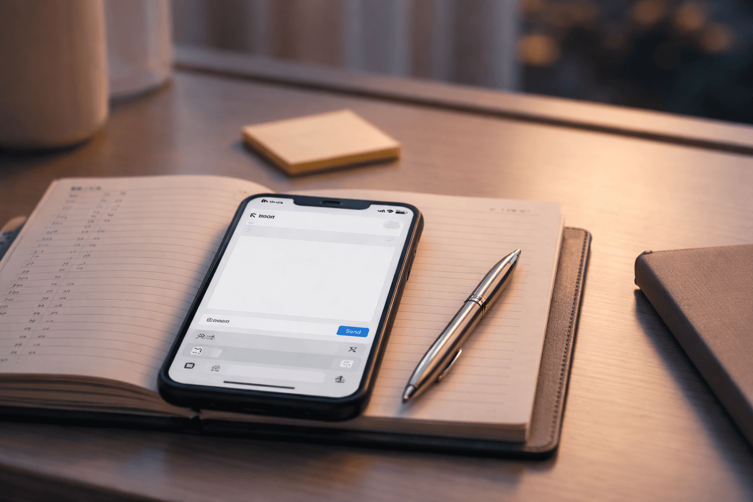 Minimal close-up of a phone and messaging drafts next to a planner, suggesting lifecycle marketing work